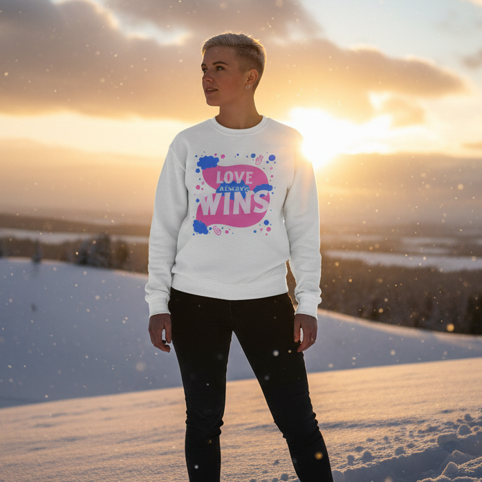 Person wearing a white Love Always Wins sweatshirt on a snowy hillside at sunset
