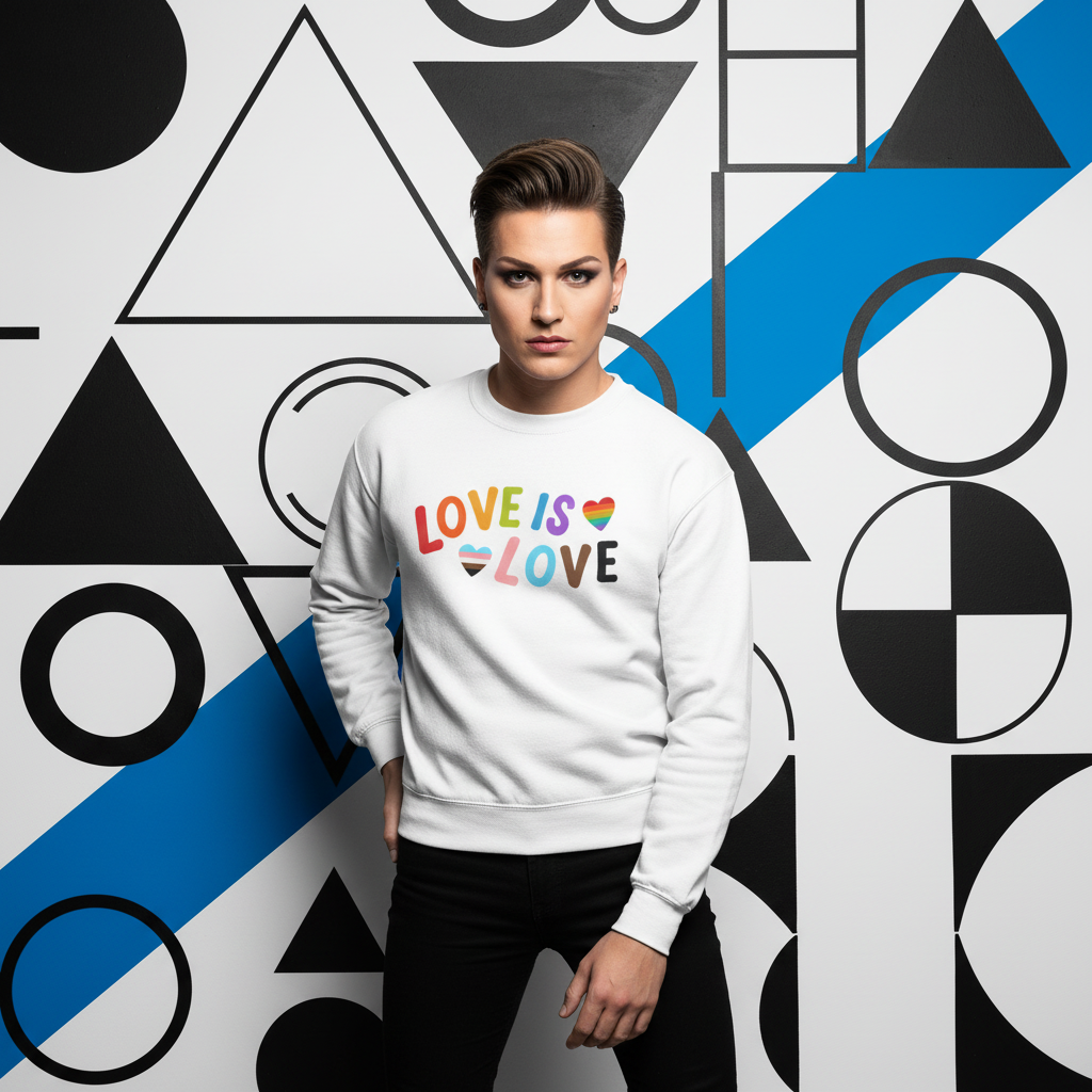 Front-facing model in a white sweatshirt reading “LOVE IS LOVE” with rainbow hearts