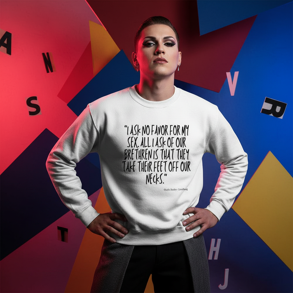 Front-facing model in a white sweatshirt with a Ruth Bader Ginsburg quote about sex and bodily autonomy