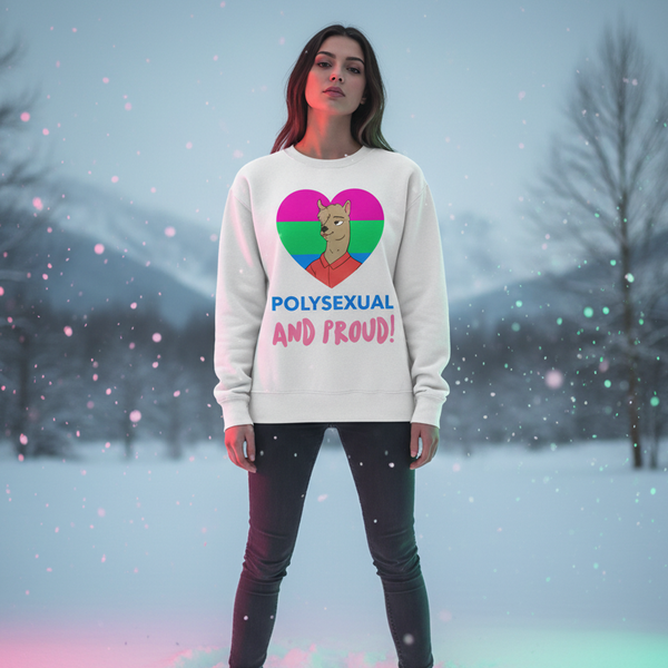 Front-facing person in snowy setting wearing a white sweatshirt reading “POLYSEXUAL AND PROUD!”
