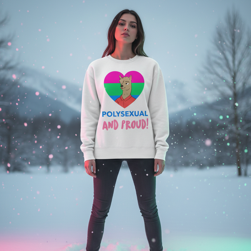 Woman in snowy landscape wearing Polysexual And Proud Unisex Sweatshirt, featuring a heart with polysexual flag stripes and cartoon llama, embodying queer pride and empowerment.