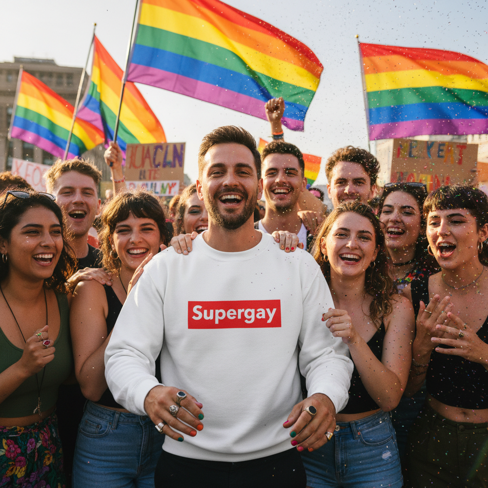 Supergay Unisex Sweatshirt on a smiling man, surrounded by diverse queer folks, rainbow Pride flags, and confetti in the air.