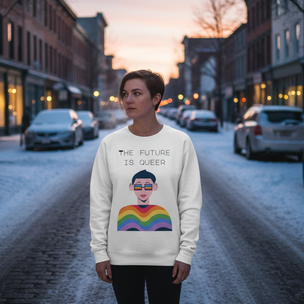 Person wearing a white sweatshirt reading “THE FUTURE IS QUEER” with a rainbow figure