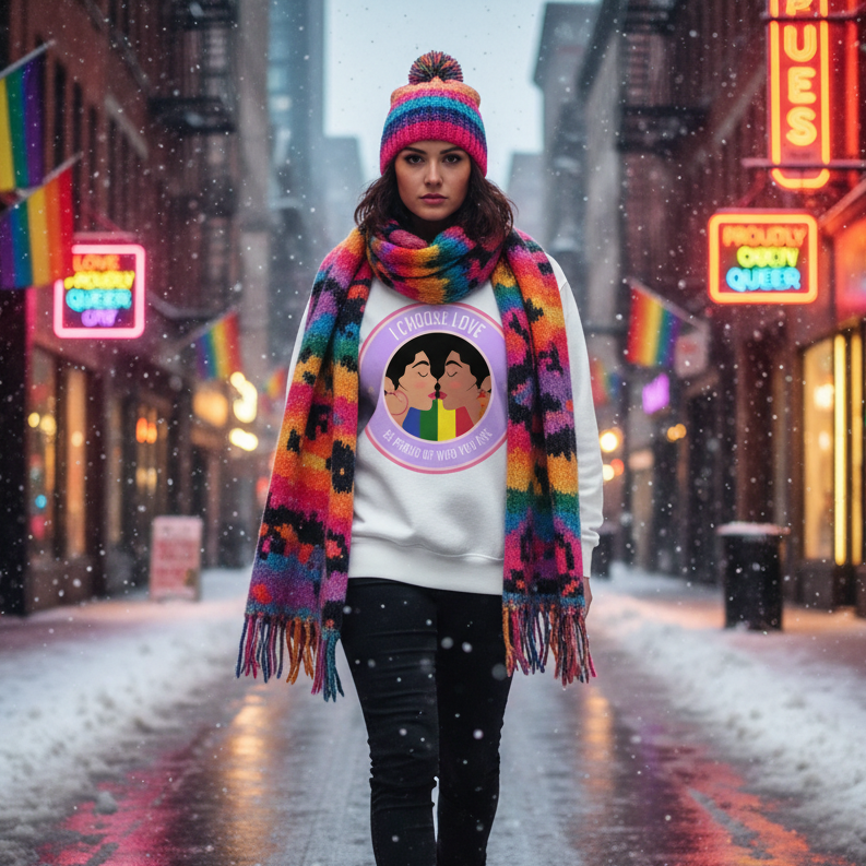 Person wearing the Be Proud of Who You Are Unisex Sweatshirt with a rainbow flag graphic and empowering text, strolling a snowy, neon-lit street, embodying vibrant LGBTQ pride and self-expression.