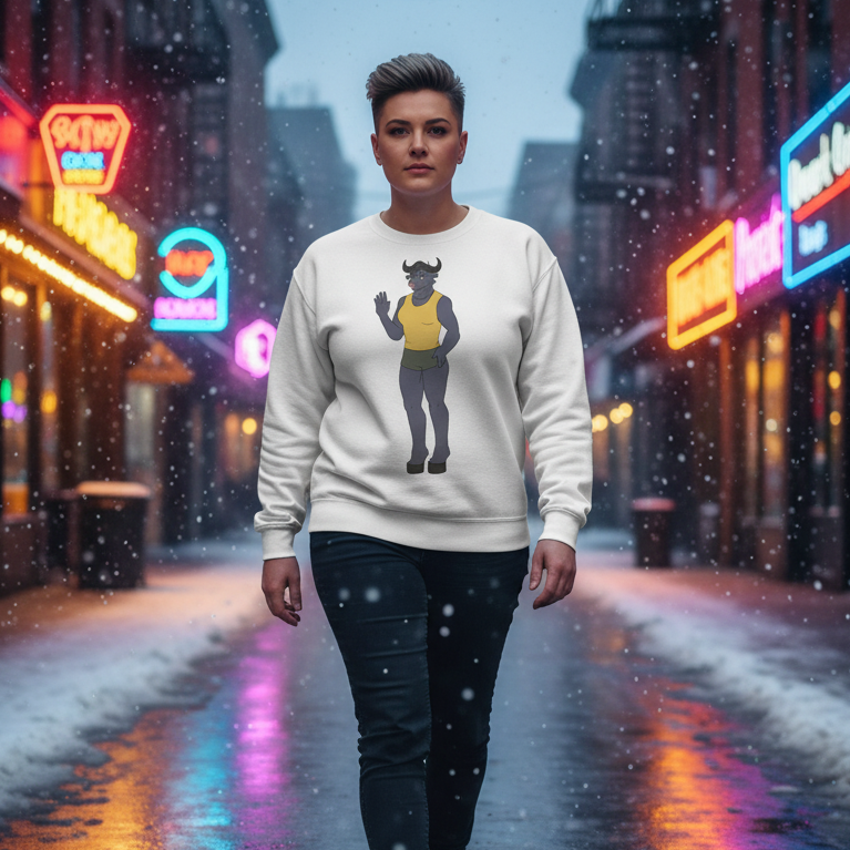 Person wearing Bull Dyke Unisex Sweatshirt with vibrant minotaur graphic, walking through a snowy, neon-lit city street, embodying queer pride and style.