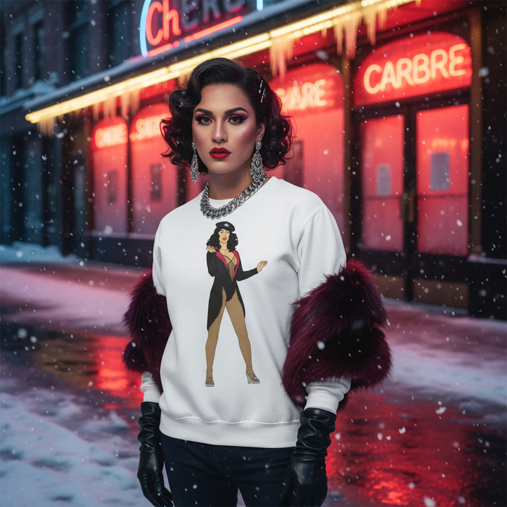 Person stands confidently in a nighttime snow scene, wearing the Cher Burlesque Unisex Sweatshirt with a pin-up illustration, showcasing bold queer fashion with a burgundy fur-trimmed jacket, embodying empowerment and pride.