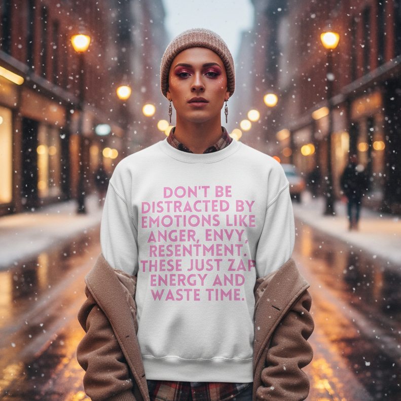 Young person in a snowy city street models the Don't Be Distracted by Emotions Unisex Sweatshirt, showcasing LGBTQ pride with bold pink lettering on a cozy, stylish white sweatshirt.