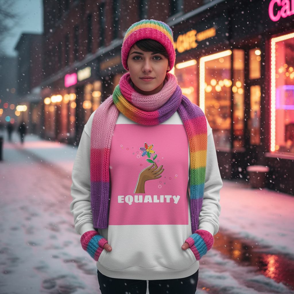 A young person embodies empowerment in an Equality Unisex Sweatshirt, featuring a powerful design of a dark-skinned hand clutching a vibrant flower, exuding pride and warmth on a snowy evening.
