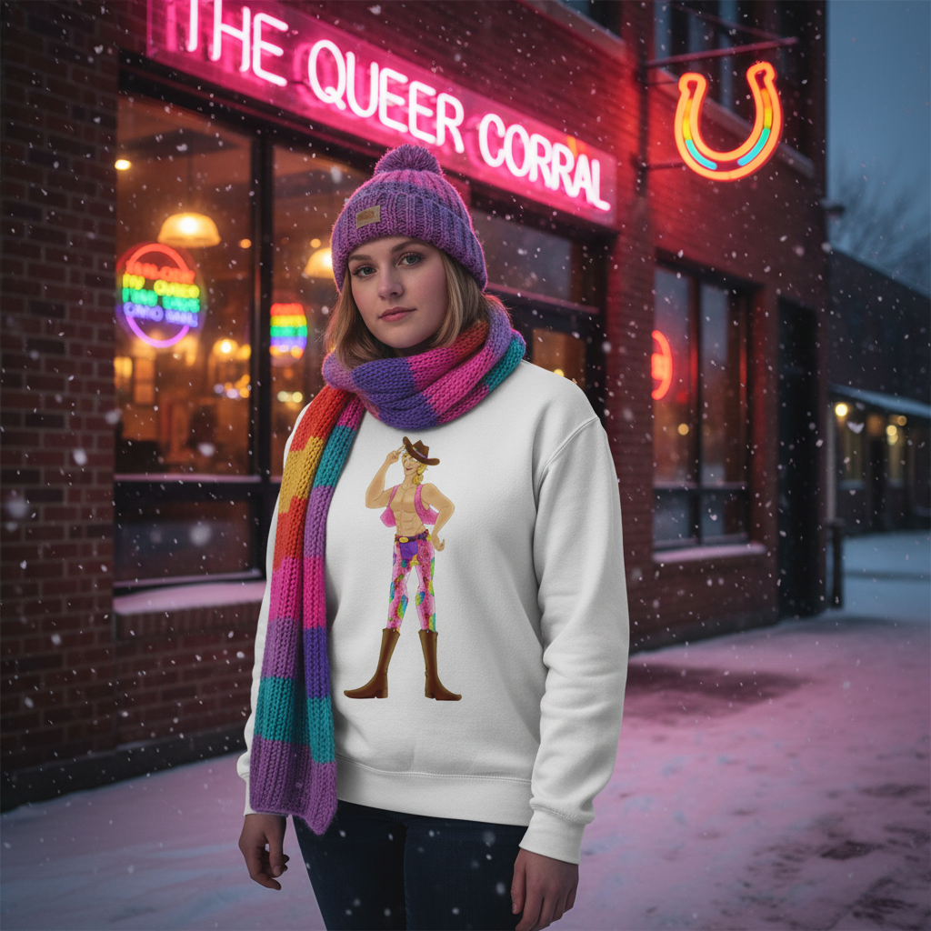 Gay Cowboy Unisex Sweatshirt features a vibrant cartoon cowboy, embodying LGBTQ pride. Perfect for winter, this cozy, playful piece empowers self-expression and visibility, celebrating queer identity and community.