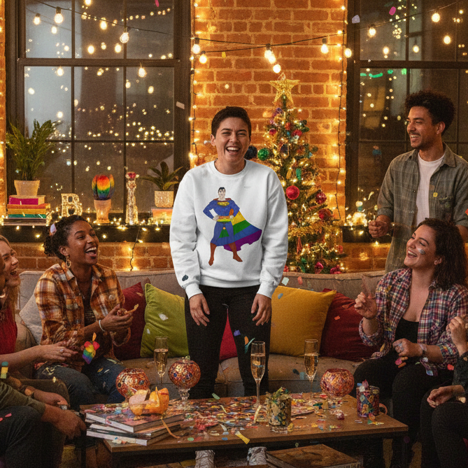 Gay Geek Unisex Sweatshirt with superhero graphic and rainbow cape, worn by a person at a lively holiday gathering, showcasing joyful queer pride and self-expression in cozy, inclusive fashion.