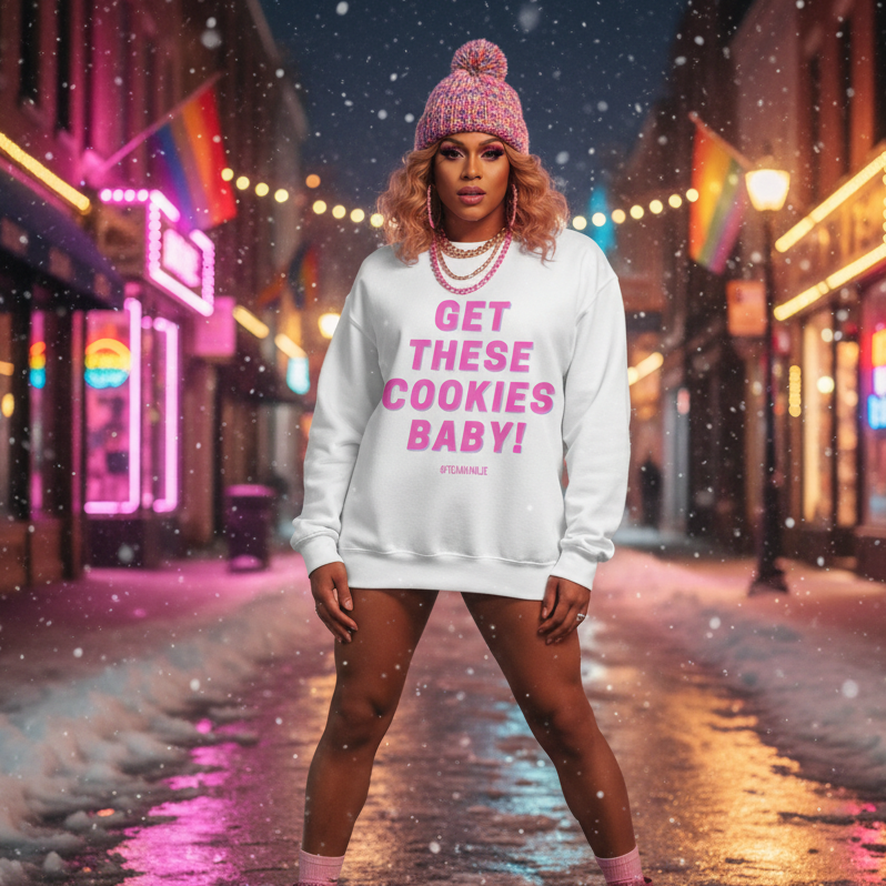 Person in a neon-lit street wearing the Get These Cookies Unisex Sweatshirt as a dress, showcasing bold pink lettering, gold accessories, and a vibrant beanie, embodying queer pride and self-expression.