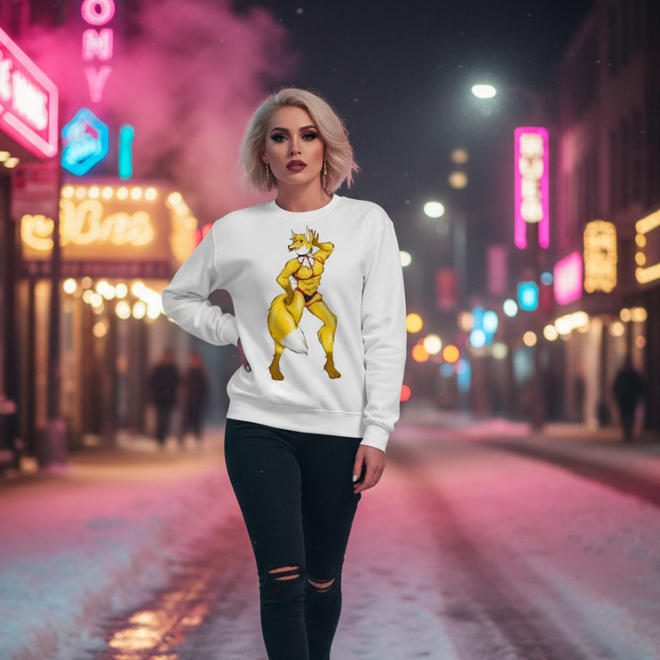 Young woman in a snowy city street wears the Hot Gay Furry Unisex Sweatshirt, featuring a playful yellow fox design, embodying LGBTQ pride with bold style and self-expression.