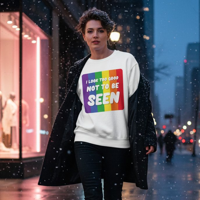 Person in urban setting wearing the I Look Too Good Unisex Sweatshirt, featuring rainbow stripes and slogan, embodying LGBTQ pride and self-expression. Perfect for warmth, comfort, and visibility.