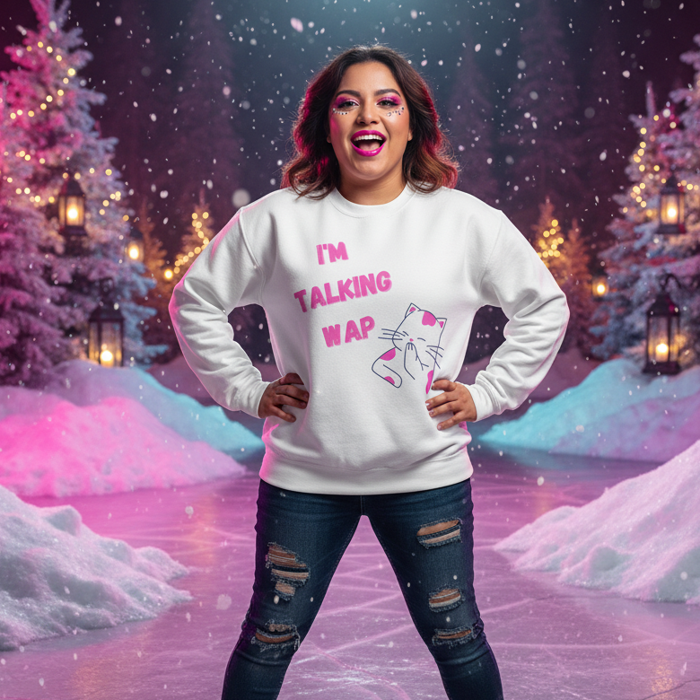 I'm Talking Wap! Unisex Sweatshirt features a cartoon cat graphic and bold pink text, worn by a joyful woman in a snowy, festive setting, embodying queer pride, comfort, and self-expression.