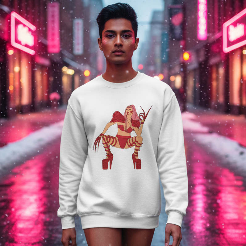 Lady Gaga Chromatica Unisex Sweatshirt features a bold cartoon female figure with red boots and talons, worn by a young person in a neon-lit city, celebrating LGBTQ pride and self-expression.