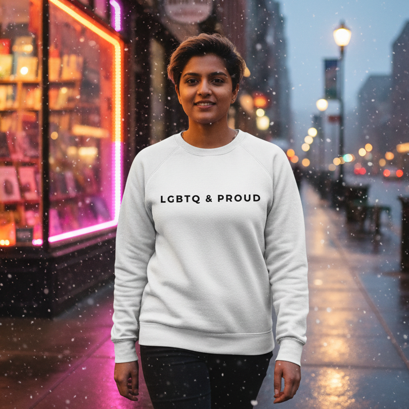 Person in light-gray LGBTQ & Proud sweatshirt walks through neon-lit city street, expressing bold queer pride amidst moody dusk setting; snowy backdrop enhances the sweatshirt's empowering, inclusive message.