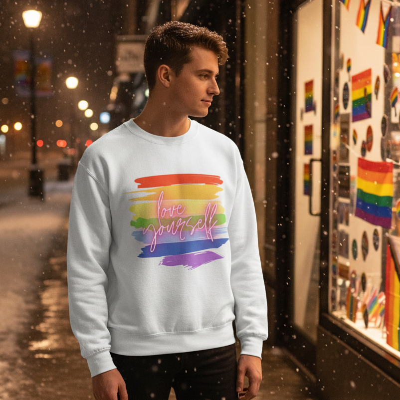 Young man in a Love Yourself! Unisex Sweatshirt with rainbow brush-strokes, standing on a snowy street near pride-themed shop window, embodies bold, joyful queer energy and self-expression.