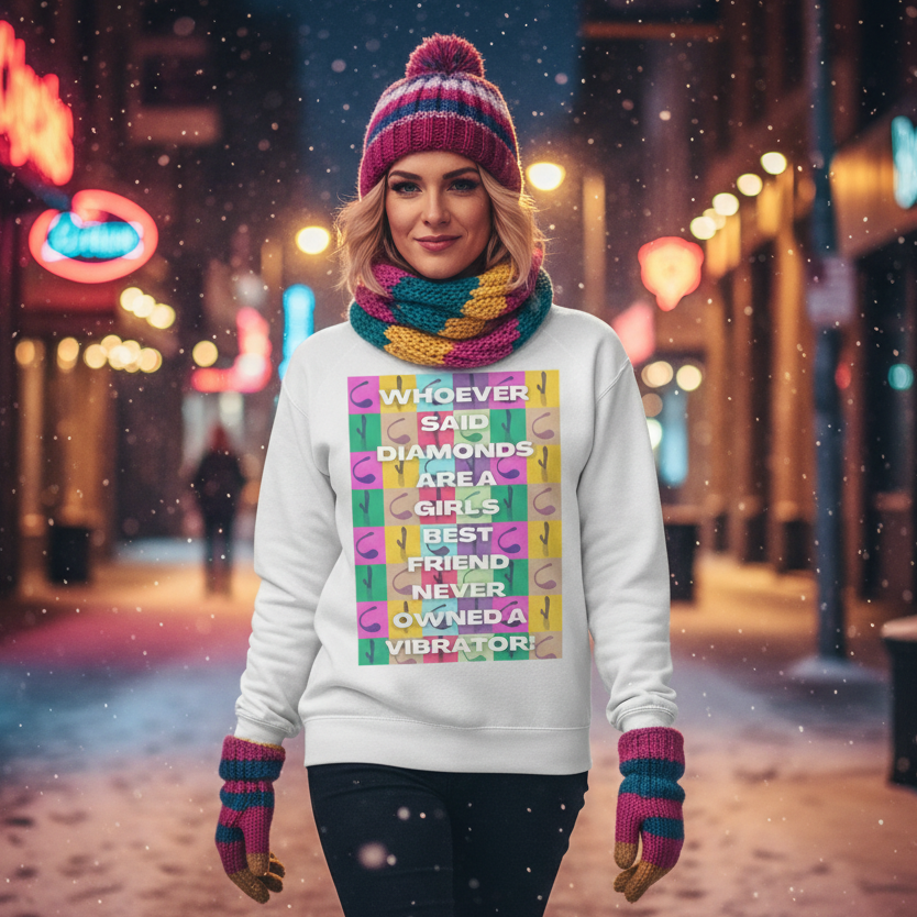 Young woman in a Never Owned a Vibrator Unisex Sweatshirt, showcasing a playful slogan. Perfect for celebrating LGBTQ pride with warmth and sass, reflecting Queer In The World's empowering, inclusive style.