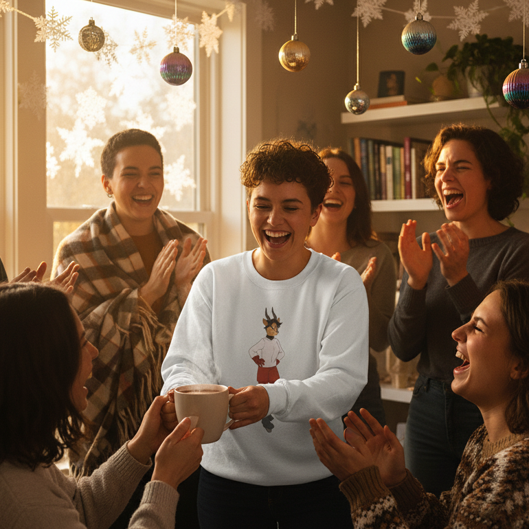 Sporty Dyke Unisex Sweatshirt worn by a central figure in a festive gathering, showcasing its cartoon character design. Cozy and stylish, perfect for celebrating LGBTQIA+ pride with warmth and inclusivity.
