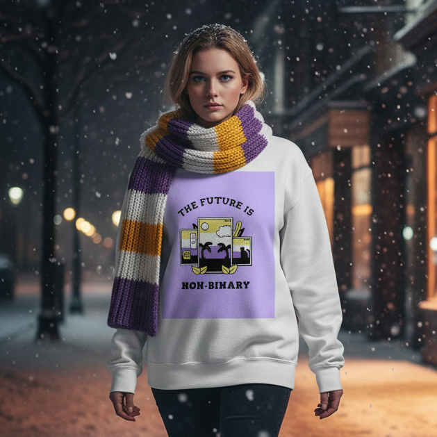 A person wearing The Future is Non-binary Unisex Sweatshirt stands outdoors, showcasing bold desert graphics, embodying queer empowerment and warmth, paired with a vibrant striped scarf.