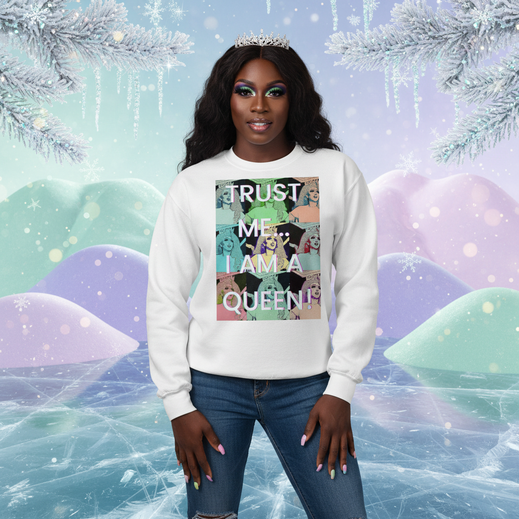 Person wearing the Trust Me I'm a Queen Unisex Sweatshirt, featuring a vibrant pop-art design, embodying queer pride and self-expression, paired with blue jeans against a winter backdrop.