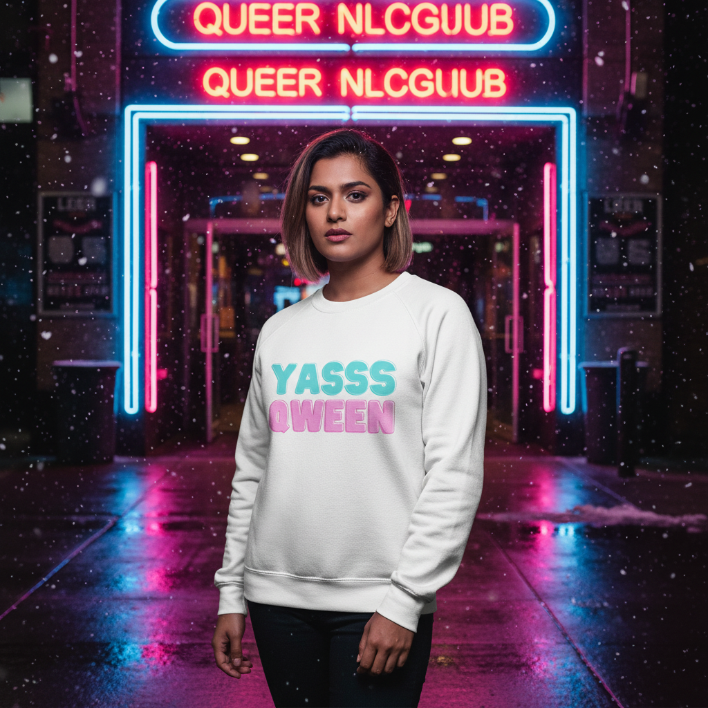 Young woman stands confidently in a reflective night scene wearing the Yasss Qween Unisex Sweatshirt, embodying pride and self-expression with its bold pastel lettering, ideal for showcasing vibrant LGBTQIA+ spirit.