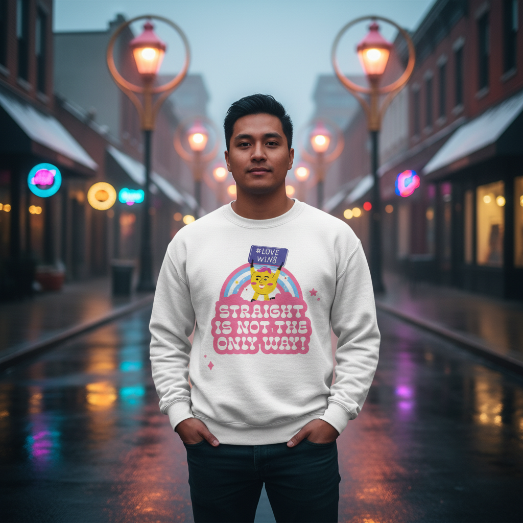 Young man wearing the Straight Is Not The Only Way! Unisex Sweatshirt featuring a cartoon cat and pride message. Embracing queer pride and self-expression on a softly lit city street at dusk.