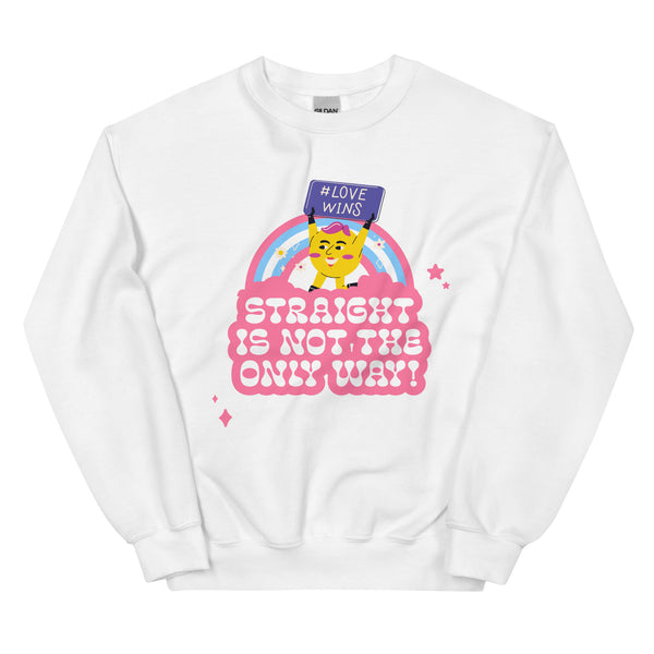 Unisex white Gildan sweatshirt with pink-and-blue rainbow, yellow cartoon holding 