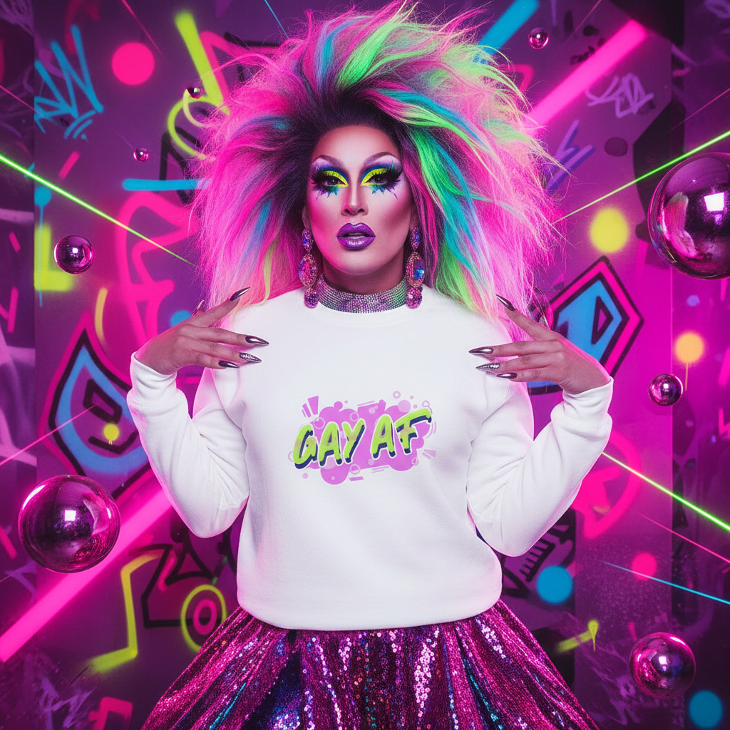 Drag performer in a multicolored wig and dramatic makeup wearing the bold Gay AF Unisex Sweatshirt, celebrating queer pride with a sequined skirt against a vibrant neon-graffiti backdrop.