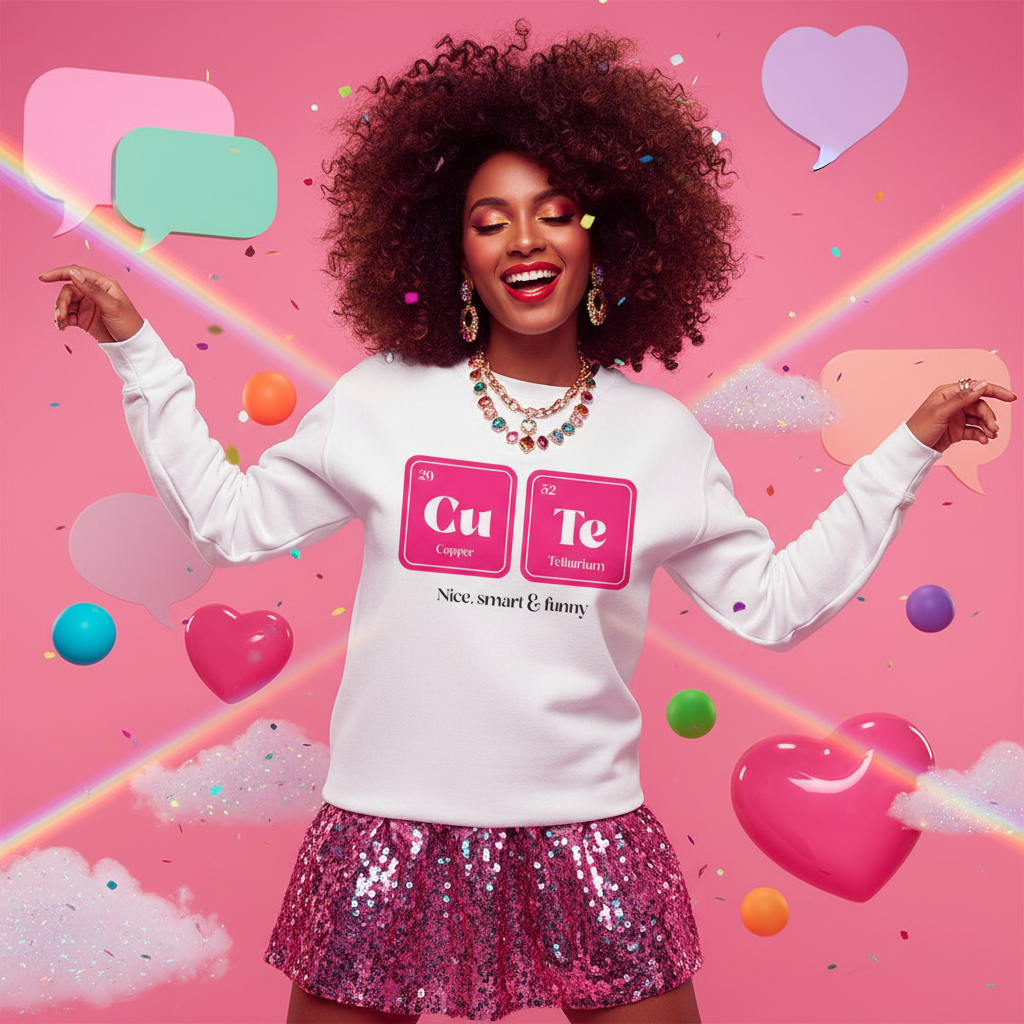 Smiling woman in a CuTe Nice Smart & Funny Unisex Sweatshirt, featuring pink periodic table elements, paired with a hot-pink sequined skirt, embodying joyful queer pride and self-expression.