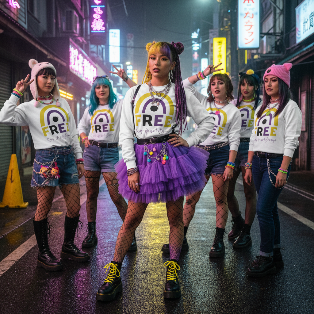 Free To Say: Life Isn't Binary! unisex sweatshirts with rainbow prints, styled loud with fishnets, neon wigs, boots, and queer flair.
