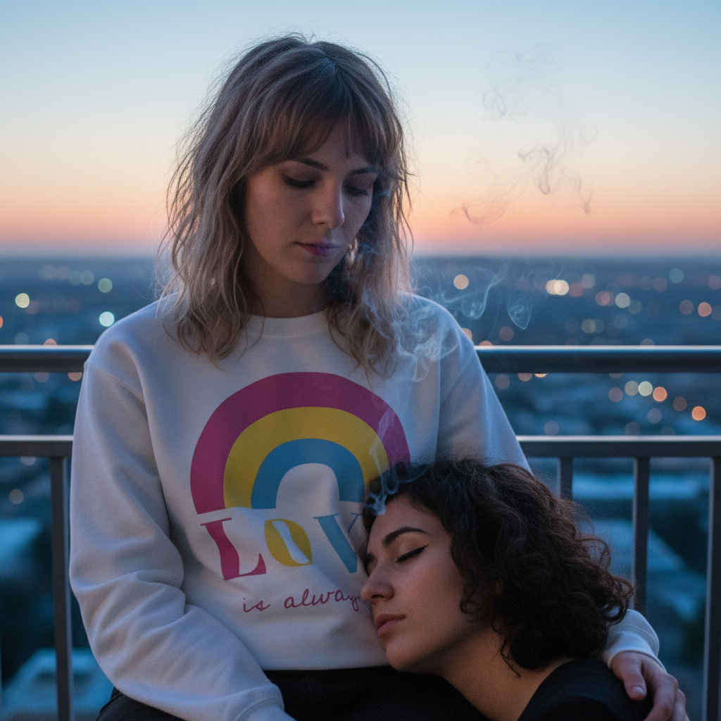 Two young people share an intimate rooftop moment. The person in back wears the Love Is Always Love! Unisex Sweatshirt, featuring a rainbow graphic, embodying queer pride and warmth.