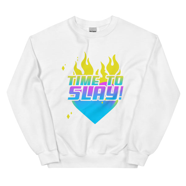 Unisex white crewneck sweatshirt with a blue-to-purple flaming heart, yellow flames, and 