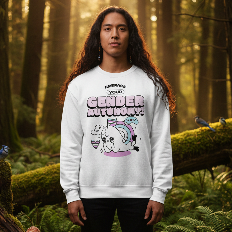 Unisex crewneck sweatshirt reads “Embrace Your Gender Autonomy!” with a cartoon elephant holding a rainbow flag and heart.