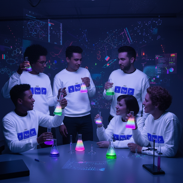 Oh! SNaP Unisex Sweatshirts on six young queer adults, arms up with glowing flasks, digital chemistry visuals set the futuristic mood.