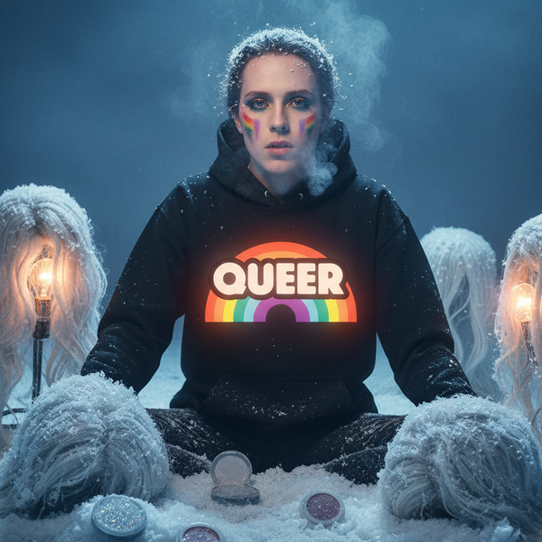 Model wearing a black Queer hoodie with a rainbow arch graphic in a snowy, candlelit scene