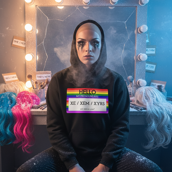 Model wearing a black hoodie with a rainbow pronoun graphic reading “HELLO MY PRONOUNS ARE XE / XEM / XYRS”