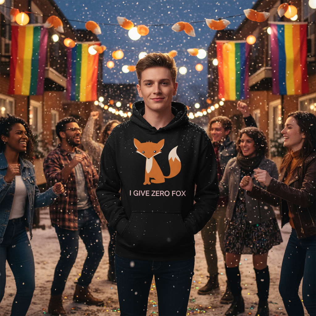 Person wearing a black fox graphic hoodie at a snowy, rainbow-flagged celebration