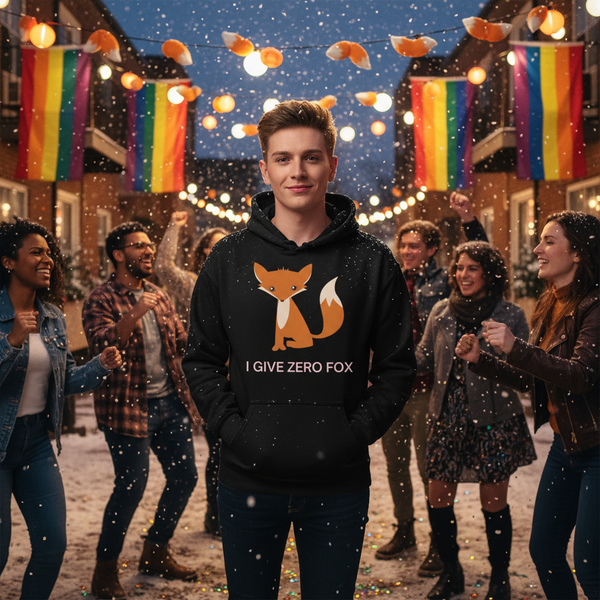 Person wearing a black fox graphic hoodie at a snowy, rainbow-flagged celebration