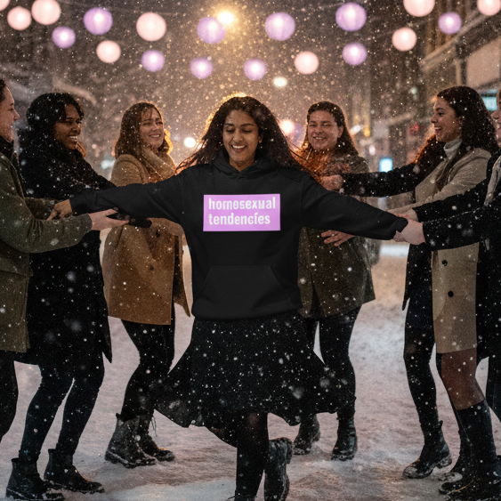 Person wearing a black hoodie reading “homosexual tendencies” while friends dance in falling snow
