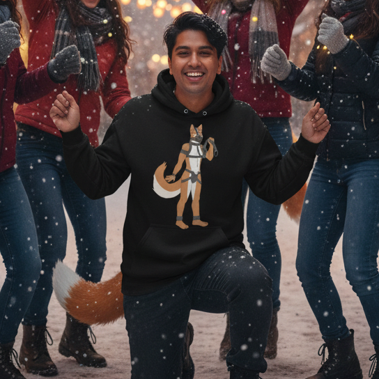 Smiling person kneeling in falling snow, wearing a black hoodie with a fox character graphic