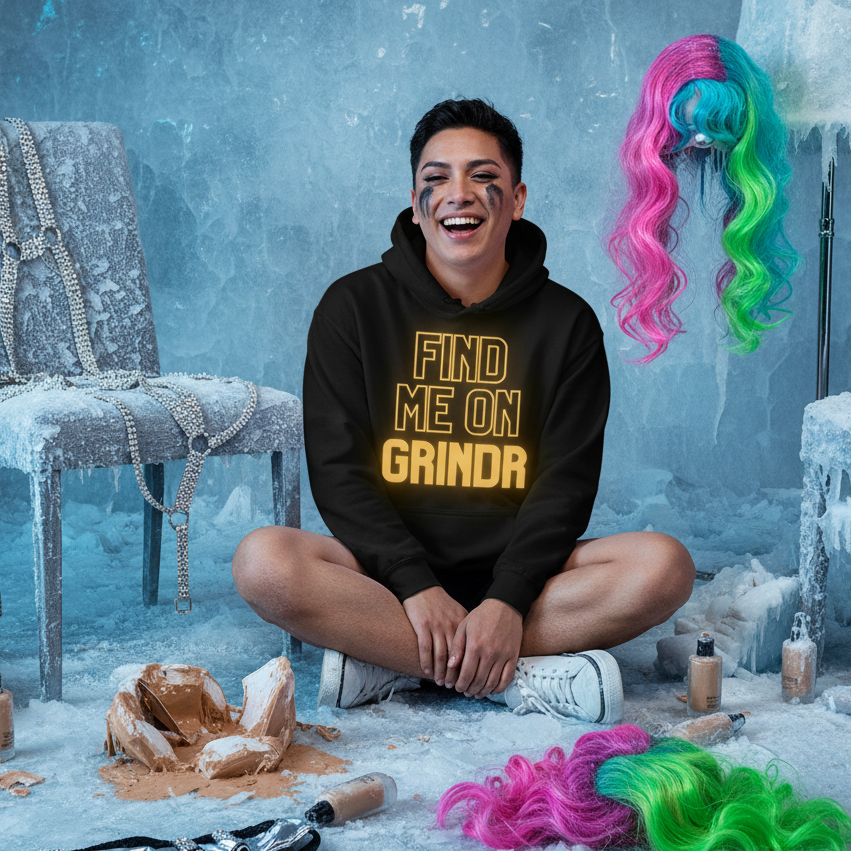 Young person in a black Find Me On Grindr Unisex Hoodie sits amid drag-themed props, showcasing queer empowerment and self-expression in a frosty setting. Celebrating LGBTQIA+ pride and visibility.