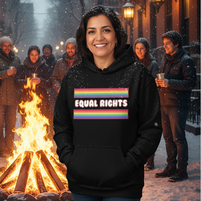 Smiling person in a black hoodie reading “EQUAL RIGHTS,” by a snowy bonfire