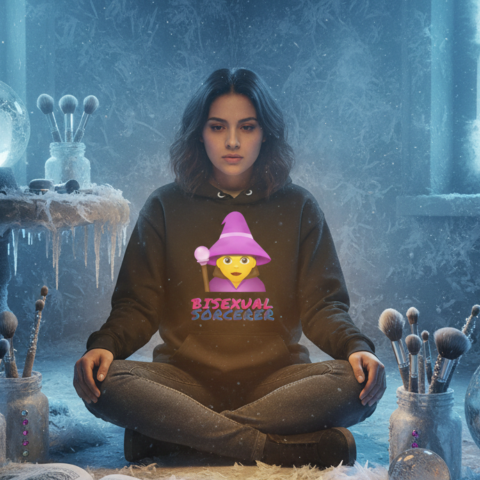 Bisexual Sorcerer Unisex Hoodie worn by a person in a frosty room, surrounded by makeup brushes and glass orbs, embodies queer empowerment and self-expression with its bold design and inclusive message.