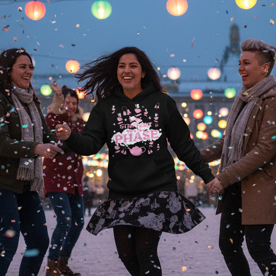 Smiling person in a black hoodie reading “Being Straight Was My Phase” at a lantern-lit celebration