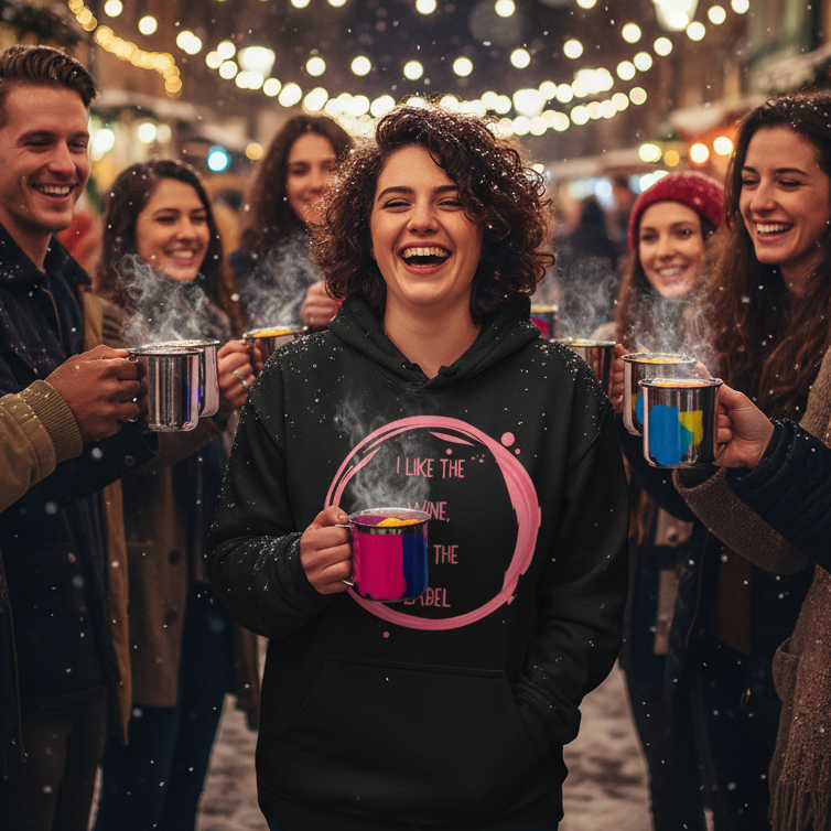 Young adults toast with steaming mugs under snowy lights, the centerpiece wearing the I Like The Wine Not The Label Pansexual Unisex Hoodie, showcasing prideful, inclusive style amidst a joyful, queer celebration.