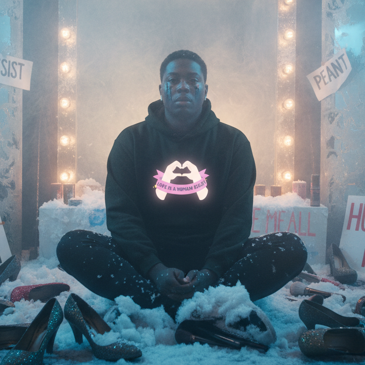 Person seated cross-legged in snowy scene, wearing Love Is A Human Right Unisex Hoodie. Surrounded by women's high heels, lit-bulb mirrors, and protest signs, exuding queer pride and empowerment.