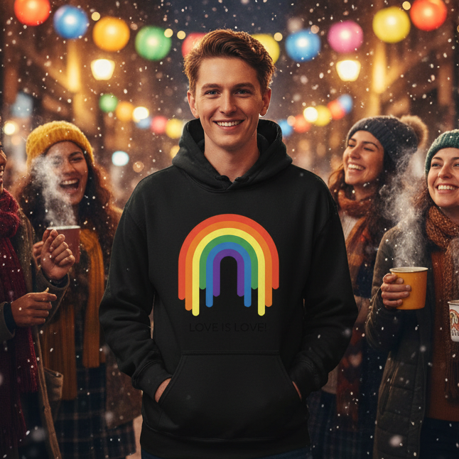 Love Is Love Rainbow Unisex Hoodie worn by a young man outdoors, showcasing its vibrant dripping-rainbow graphic and cozy fit, embodying queer pride and self-expression in a joyous, snowy, festive setting.