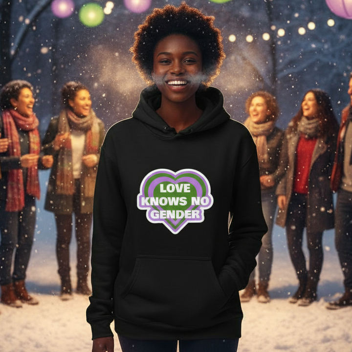 Smiling person in a black hoodie reading “LOVE KNOWS NO GENDER” in a snowy group scene