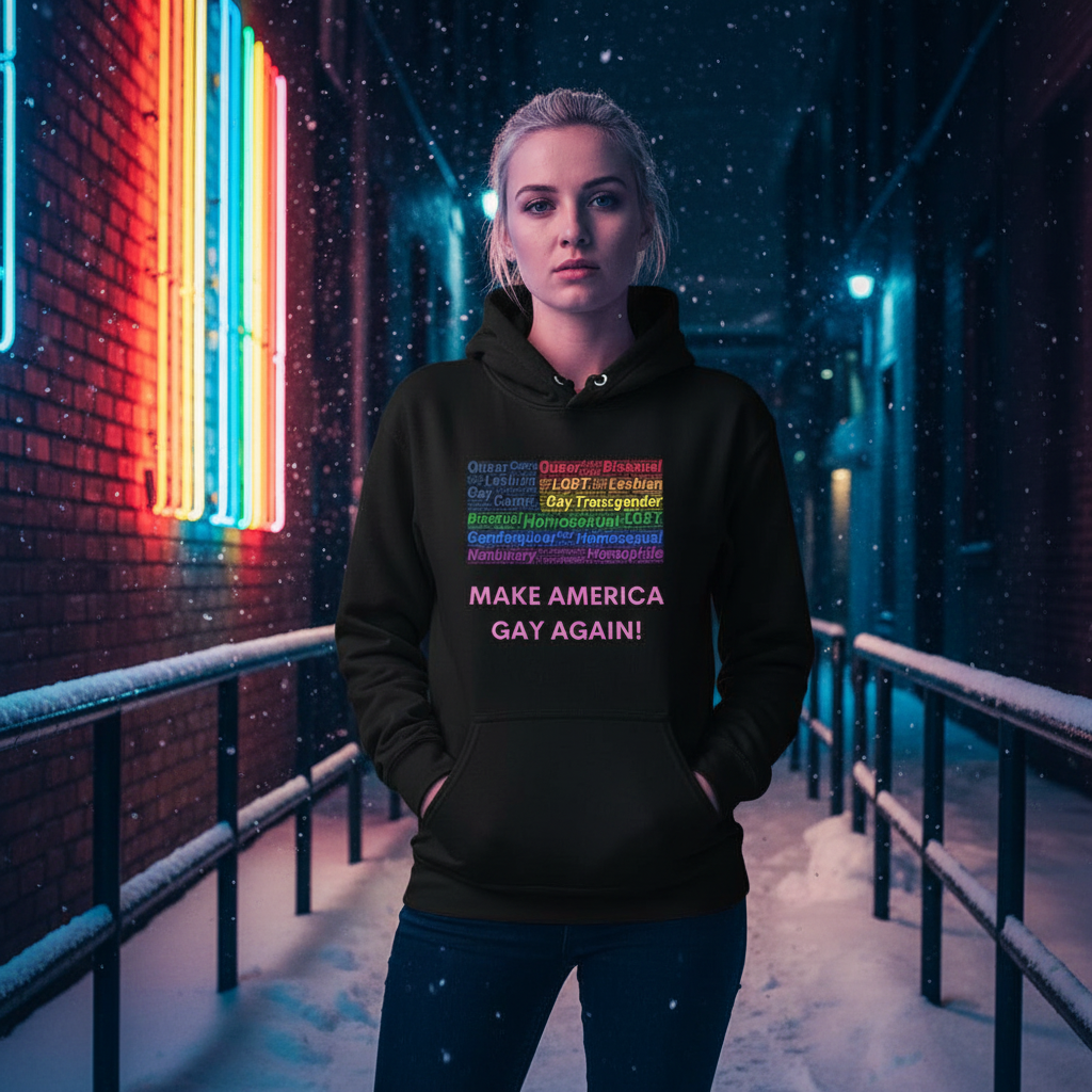Make America Gay Again! Unisex Hoodie features rainbow LGBTQ labels, slogan, and cozy fit, embodying pride and self-expression on a snowy city sidewalk.